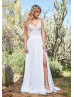 V Neck Ivory Lace Chiffon High Slit Wedding Dress